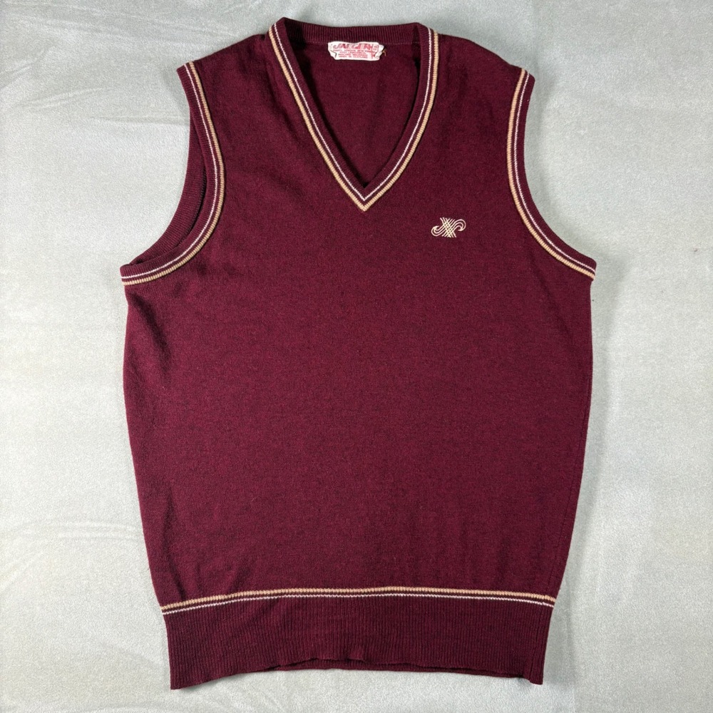 Vintage Jaeger Lambswool Sweater Vest Mens Burgundy V-Neck Made in Scotland 38